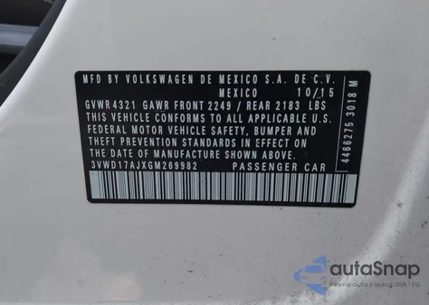 2016 Volkswagen Jetta 1.8T Sport из США, поврежденный, VIN 3VWD17AJXGM269982